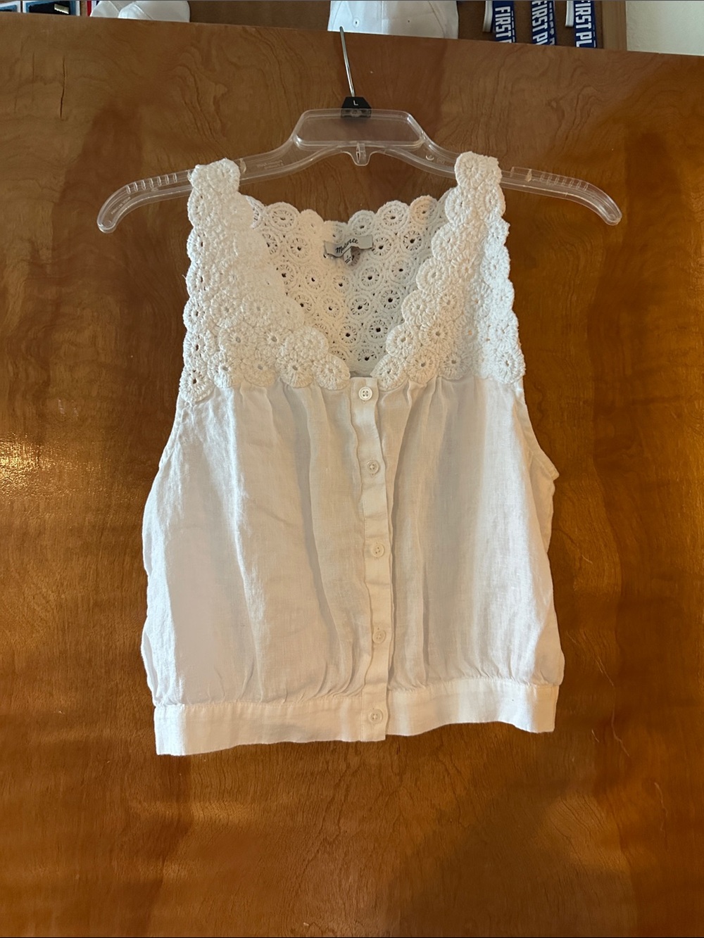 Madewell White Crochet Yoke Linen Button-Front Tank